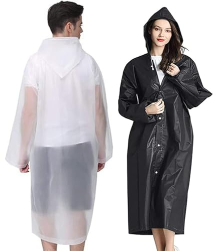 GUKOY 2 stycken regnponcho, regnrock för män och kvinnor, vattentät, EVA regnkläder, regncape, regnjacka, regntillbehör för vandring, cykling, camping och resor, Vit + svart