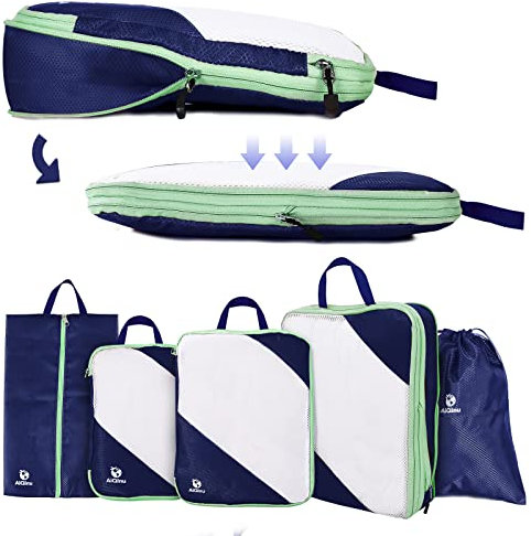 AiQInu Organizer Valigia 5 Pezzi Set, Compressione Packing Cube Salvaspazio Espandibile Ultraleggero Viaggio, per i Vestiti,Scarpe,Intimo Set da Viaggio per Zaini o Bagagli a Mano (Blu scuro)