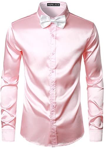 PARKLEES Chemise à manches longues en satin brillant similaire à de la soie - pour homme - pour fête, soirée disco, bal de promo