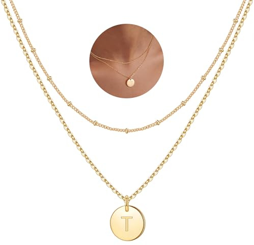 TINGN Buchstaben Kette Damen Mädchen - 14 Karat Vergoldet Ketten Doppelter Seite Gravierter Ketten Damen Buchstaben Kette Layering Halsketten Geschenke für Frauen Teenager Mädchen Schmuck