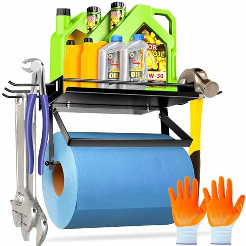 Porta asciugamani di carta da garage con ripiano, supporto da parete in metallo di alta qualità con 6 ganci, strappo con una mano, organizzazione e conservazione del garage, resistente, può contenere