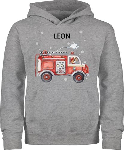 Geschenk mit Namen personalisiert by Shirtracer - Kinder Hoodie Jungen Mädchen - Feuerwehr Auto I Feuerwehrauto I 112 I Fire Truck I Löschfahrzeug