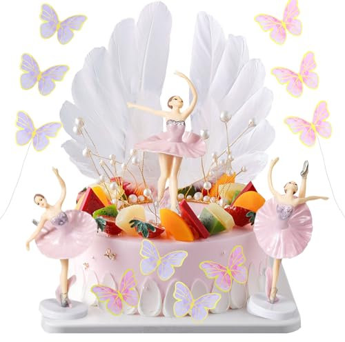 Ballerina Tortendeko Dekoration,sunnilly 27 Set, Ballerina-Kuchenaufsatz, Schmetterling Skuchen Dekoration,Schmetterlinge Tortendeko,Weihnachten,Party,Krone,Engelsflügel,Geburtstagstorten (Rosa)