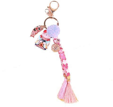 Yurosiay Glückskatze Schlüsselanhänger Japanische Stoff Blumen Stickerei Schlüsselbund Süße Winkekatze Schlüsselanhänger Mit Glocken Pompon Maneki Neko Schlüsselanhänger Katze Keychain Rosa