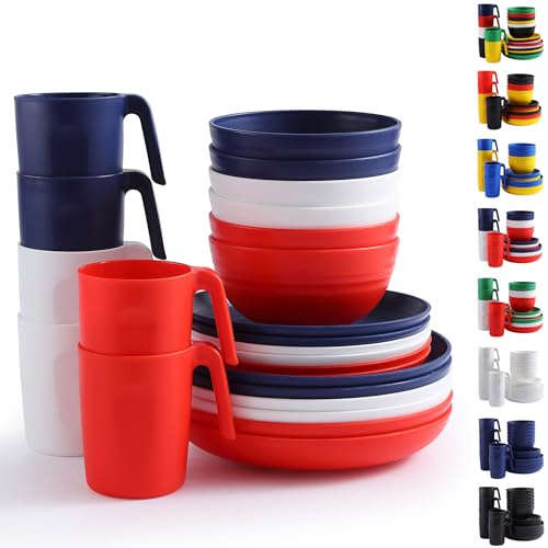 Berglander Plastikgeschirr Sets 24 teiliger für 6 Personen, Mehrweg Teller und Schüssel Sets mit FR-Farbe mit Speisetellern, Desserttellern, Müslischalen, Tassen für Zuhause, Garten, Picknick