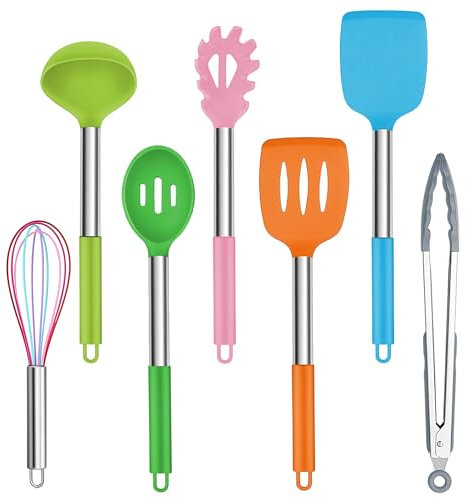 Homikit Silikon Küchenhelfer Set, 7-teiliges Küchenutensilien Kochbesteck Set mit Edelstahlgriff, Antihaft Kochutensilien zum Kochen, Ungiftig & Lebensmittelqualität, Spülmaschinenfest, Bunt