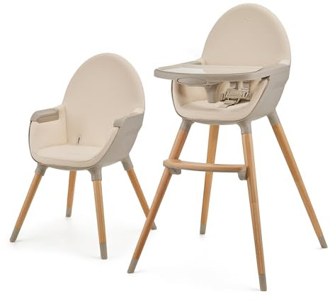 Kinderkraft Hochstuhl FINI2 2 in 1, Kinderhochstuhl, Babystuhl, Kombihochstuhl, Beine aus Holz, Sicherheitsgurte, Fußstütze, Doppeltablett, ab 6 Monate bis 5 Jahre, 5 Punkt Gurte, Beige