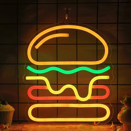 Attivolife Hamburger Neonschild als Wanddekoration, LED Lampe mit leckerem Hamburger Essen zum Leuchten Stromversorgung über USB, Einzigartige Dekor für Fast Food Geschäfte Restaurant Geburtstagsparty