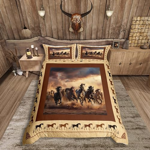 Feelyou Horse Bedding Set King Size Galloping Horse Comforter Cover Set for Boys Kids Western Decor Cute Animal Duvet Cover Kawaii Farm Cowboy Brown Bedspread Cover Room Decor Quilt Cover,No Comforter