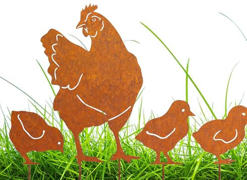 Voarge Juego de 4 tapones para el jardín de gallinas, de metal oxidado, decoración de jardín, gallinas, decoración para jardín, terraza, balcón o maceta