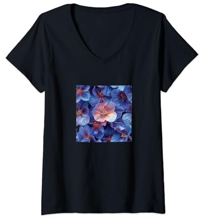 Womens Bergenia Flower Pattern Graphic V-Neck T-Shirt