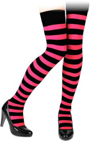 Acan Tradineur - Medias con rayas negras y fucsia, 90% poliéster + 10% licra, complemento para disfraces, carnaval, Halloween, cosplay, fiestas (Adulto - 165/180 cm)
