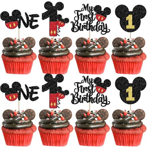 Xsstarmi 24 Packung 1.Geburtstag Cupcake Toppers Glitzer Happy 1th Birthday Cupcake Picks Mausbogen Geburtstag Cupcake Dekoration für Jungen und Mädchen 1. Geburtstag Party Kuchendekoration