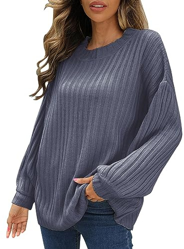 Genérico 𝐉ersey Lila Mujer Suéter Casual Suelto de Manga Larga Acanalado de Manga Larga de Color sólido de otoño e Invierno para Mujer 𝐉ersey Mujer 𝐕erde (Blue, XXL)