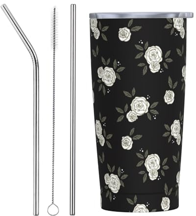VOSERY Botella de agua de 20 onzas con tapa y popote, vaso aislado negro con flores de rosas, vasos de acero inoxidable, taza de café de viaje, vaso personalizado