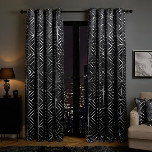OHS 2 Panels Velvet Eyelet Curtains Metallic Geo Print, Luxurious Velvet Fabric Dark Grey Stylish Geometric Pattern Curtains For Livingroom & Bedroom, Charcoal-66x54In