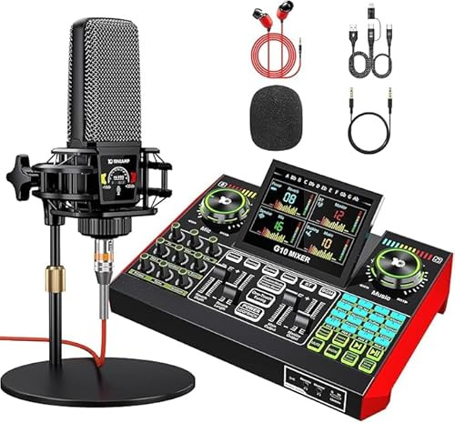 Podcast Equipment Bundle Audio Mixer with Studio Condenser Microphone, Live Sound Card Audio Mixer Interface, Sound Board, Sound Card with Voice Changer Denoise for PC Recording Gaming Podcasting