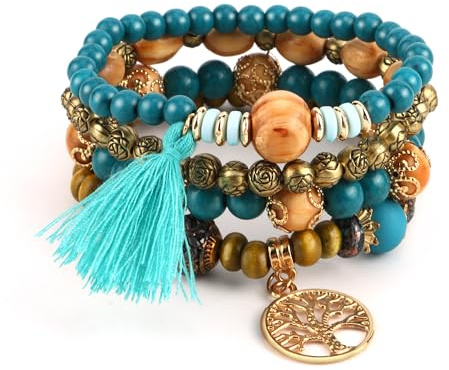JSMTKJ Pulseras Boho para Mujer Juego de 4 Pulseras de Cuentas de Madera Apilables Pulsera Elástica con Chakras y Árbol de la Vida Joyas Bohemias con Borlas para Mujer