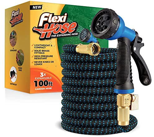 Flexi Hose 100FT Expandable Garden Hose Solid Brass Fittings | Lightweight Retractable Hose Pipe, Perfect for Gardening, Car Wash, Lawn Watering and Outdoor Cleaning Tasks