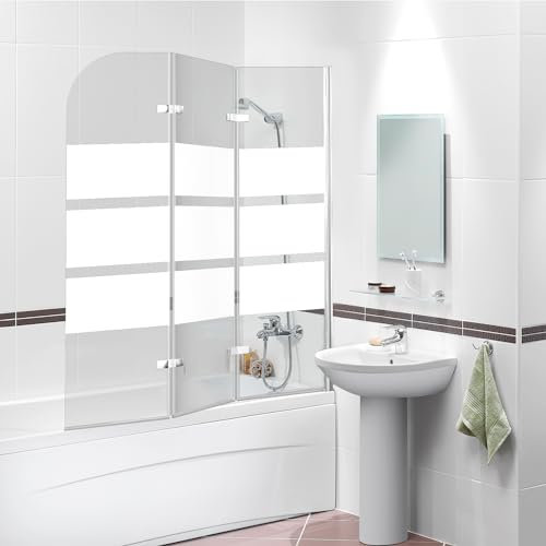 Hebitod Mampara de ducha plegable de 120 x 140 cm para bañera, 3 piezas de cristal de seguridad (EGS), diseño de rayas blancas de 6 mm