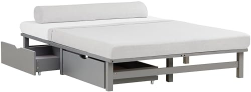 Homestyle4u Lit en palettes, 140 x 200 cm, avec matelas, en bois de pin massif, avec tiroir de lit, gris