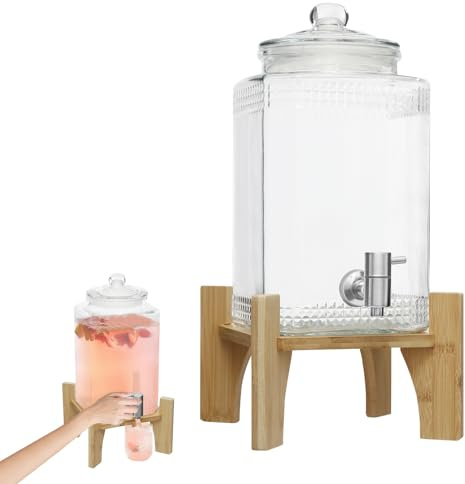 Dispensador de bebidas, dispensador de bebidas de 5 L con grifo, dispensador de agua de cristal con soporte, dispensador de zumo con grifo de acero inoxidable resistente al agua para cócteles, zumo