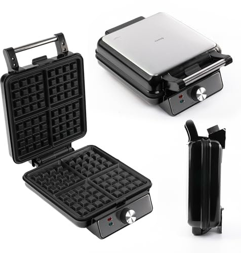 Huslog Gofrera Eléctrica para 4 Gofres Belgas, 1500W, Placas Antiadherentes, Control de Temperatura, Indicador Luminoso, Mango Cool Touch, Acero Inoxidable, Negro
