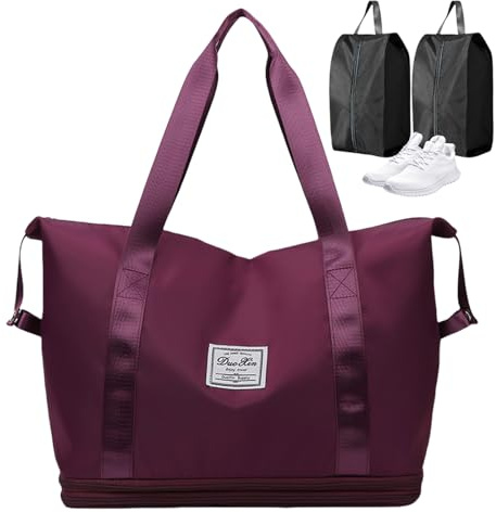 Pasdrucn Groß Reisetasche Damen Sporttasche Mit 2 Schuhtaschen, Faltbare Reisetaschen Kleidersack, Skalierbar Sporttasche Damen, Weekender Damen Groß Mit Wasserdichter Tasche (Fuchsia)
