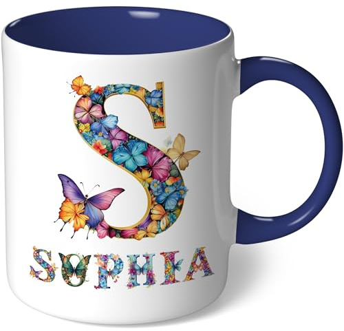 Personalisierte Tasse mit Namen - Motiv Schmetterlinge - Geschenk Kaffeetasse Namenstasse für Frauen Mädchen Geburtstagsgeschenk Geburtstag Teetasse Kaffeebecher (Weiß - Kobaltblau Bild15)