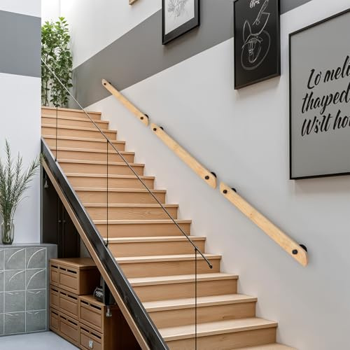 INMOZATA Wooden Handrail, 2pcs×100cm Handrails for Stairs, Wall Mount Elderly & Children's Railings, Against The Wall Safety Grab Bar Kit,Handrails for Stairs with Wrought Iron Brackets(Natural Wood)