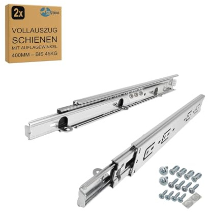 SOTOOLS 1 Paar Vollauszug Schubladenschienen, 400 mm, max. 45 kg | Kugelgelagert, Höhe 45 mm, Breite 12,7 mm, werkzeuglos trennbar. Mit Auflagewinkel.