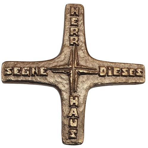 Herzmensch Kleines Kreuz gold Herr segne dieses Haus Segnungskreuz zur Hauseinweihung und Haussegnung 10,5 x 10,5 cm gold aus massiver echter Bronze
