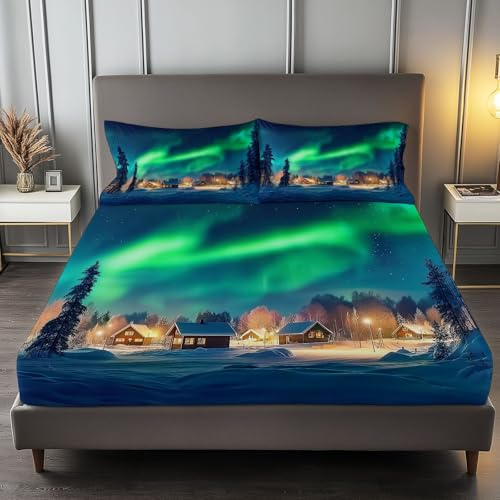 Set Lenzuola Singolo 2 Pezzi 90x190x30 cm e 1 Federa 50x80cm - Sogno Aurora Boreale Scena Di Neve Completo Letto in Morbida Microfibra per bambini adulti, Blu Navy