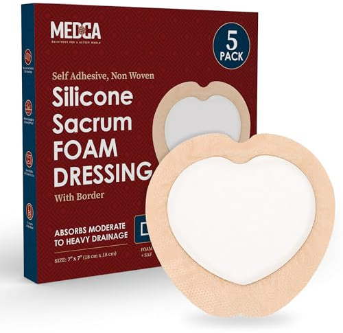 MEDca Silikon sakrum skumförband med självhäftande kant 18 cm x 18 cm bandage (förpackning med 5) – vattentätt silikonbandage för sår, mycket absorberande sårförband för säng ömma sakralt skum