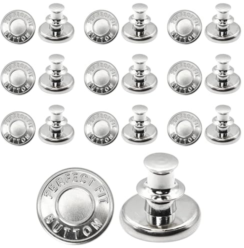 Henyall 10 Pcs Jean Buttons, 17mm Replacement Metal Buttons No Sew Tightener Clips for Jeans, Adjustable Waist Repair Kit for Jackets, Denim Skirts, Clothing & DIY Crafts（Silver）
