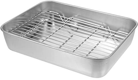 Ciieeo Placa de barbacoa profunda de acero inoxidable con estante, bandeja de horno multifuncional para asar pollo, carne, verduras, camping, parrilla para hornear y almacenar alimentos, amantes de la