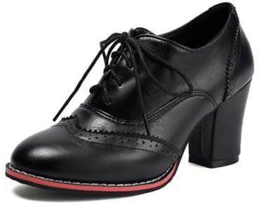 Klassische Brogue Oxfords Schnürpumps für Damen mit perforierten Details Chunky Blockabsatz Vintage-inspirierte Anzugschuhe für die Party,Schwarz,46 EU