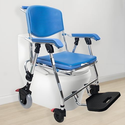 Toilettenstuhl mit Rollen Klappbar für Senioren, Wasserabweisend Duschstuhl mit Rollen und Bettpfanne, Toilettenrollstuhl für Menschen mit Behinderung und Schwangere, Belastung 150 kg