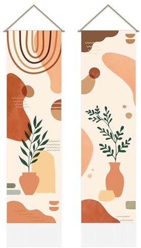 SUPERDANT 2PCS Bohemian Plants Tapestry Orange Vase Wall Hanging Tapestries Long Vertical Tassel Tapestry with Poles Ropes for Bedroom Living Room Porch Hallway Office Home Decoration 45.6x13 inch