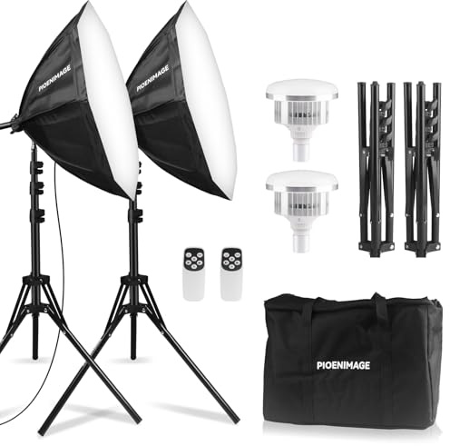 PIOENIMAGE Softbox Lighting Kit, Softbox Photography Lighting Set with 21.6x21.6in Octagonal Softbox, Light Tripod, 85W 2700-6500K LED Bulb Remote, Studio Lights for Photography, Video Recording, 2Pcs