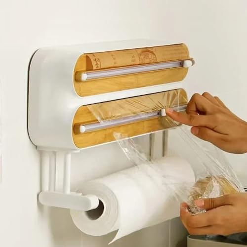 Magnetic Cling Film Dispenser - 3-in-1 Kitchen Accessory for Plastic Wrap and Tin Foil, Wall Mount Cutter and Refillable Box
