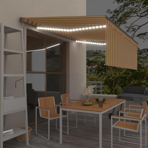Tenda Automatica con Sensore Vento e Luci LED 4x3 m Gialla e Bianca per Esterni, Telecomando e Manovella, Tessuto Poliestere Impermeabile e Resistente ai Raggi UV