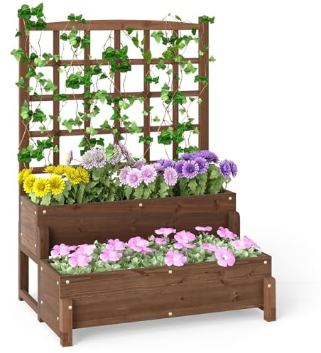 COSTWAY 2-Tier Raised Garden Bed with Trellis, Wooden Elevated Planter Box with Drainage Holes for Climbing Plants Vines, Fruit Vegetable Flower Pot Container for Patio Balcony (Brown, 88x67x121cm)