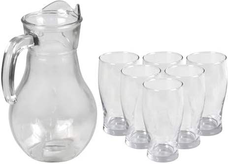 Glass Jug and Tumbler Set 1.8L Jug with Lid and 6 Glasses 540ml Clear for Beer Water Juice