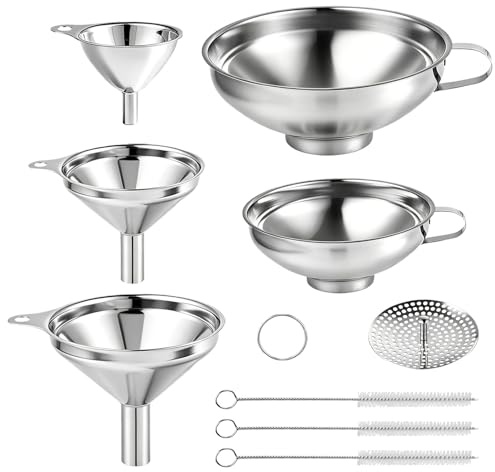 5 Stück Edelstahl Trichter Set,Trichter Küche mit Verschiedenem Durchmesser | Stapelbarer Mini Trichter,Marmelade Trichter mit 3 Stück Reinigungsbürsten & Sieb,für Marmelade Öl Wein und Flüssigkeiten