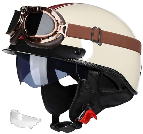 Retro Halbschalenhelm Motorradhelm mit ABS-Schale ECE (Inklusive eines Paares klarer Linsen) abnehmbarem Visier für Chopper Helm, Mofa Helm Retro, JetHelm Halbhelm für Scooter