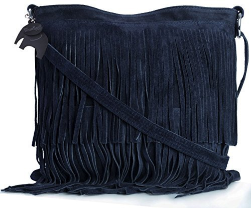 LiaTalia Womens Fringe Handbag - Real Italian Suede Leather - Tassle Effect Shoulder Bag in Small Size - Robin [Navy]