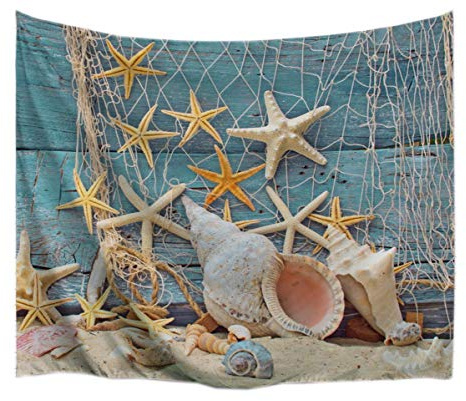 A.Monamour Wanddekor Wandteppiche Blau Hölzernes Boot Nautisch Décor Marine Fischernetz Meer Sterne Und Muscheln Bild Druck Stoff Wand Hängen Wandteppich Wand Dekor Für Schlafzimmer 153X203Cm