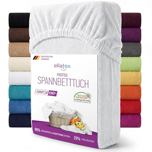 EllaTex Frottee Spannbettlaken 90x200–100x200 – 200 g/m², weich, saugfähig & langlebig, elastisches Spannbetttuch, Farbe: Weiß