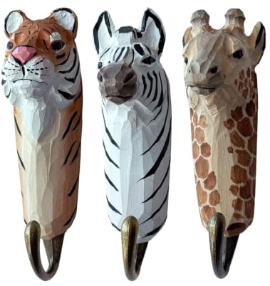 your castle 3 stycken väggkrokar trä tiger, giraff, zebra, handsnidade och målade 13 cm med metallkrokar, barnrum